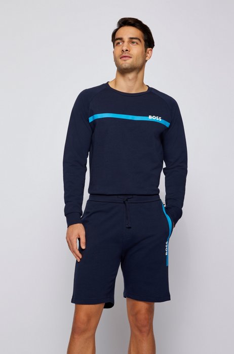 Cotton-terry sweatshirt with stripe and logo, Dark Blue