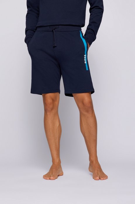 Drawstring shorts in French terry with stripe and logo, Dark Blue