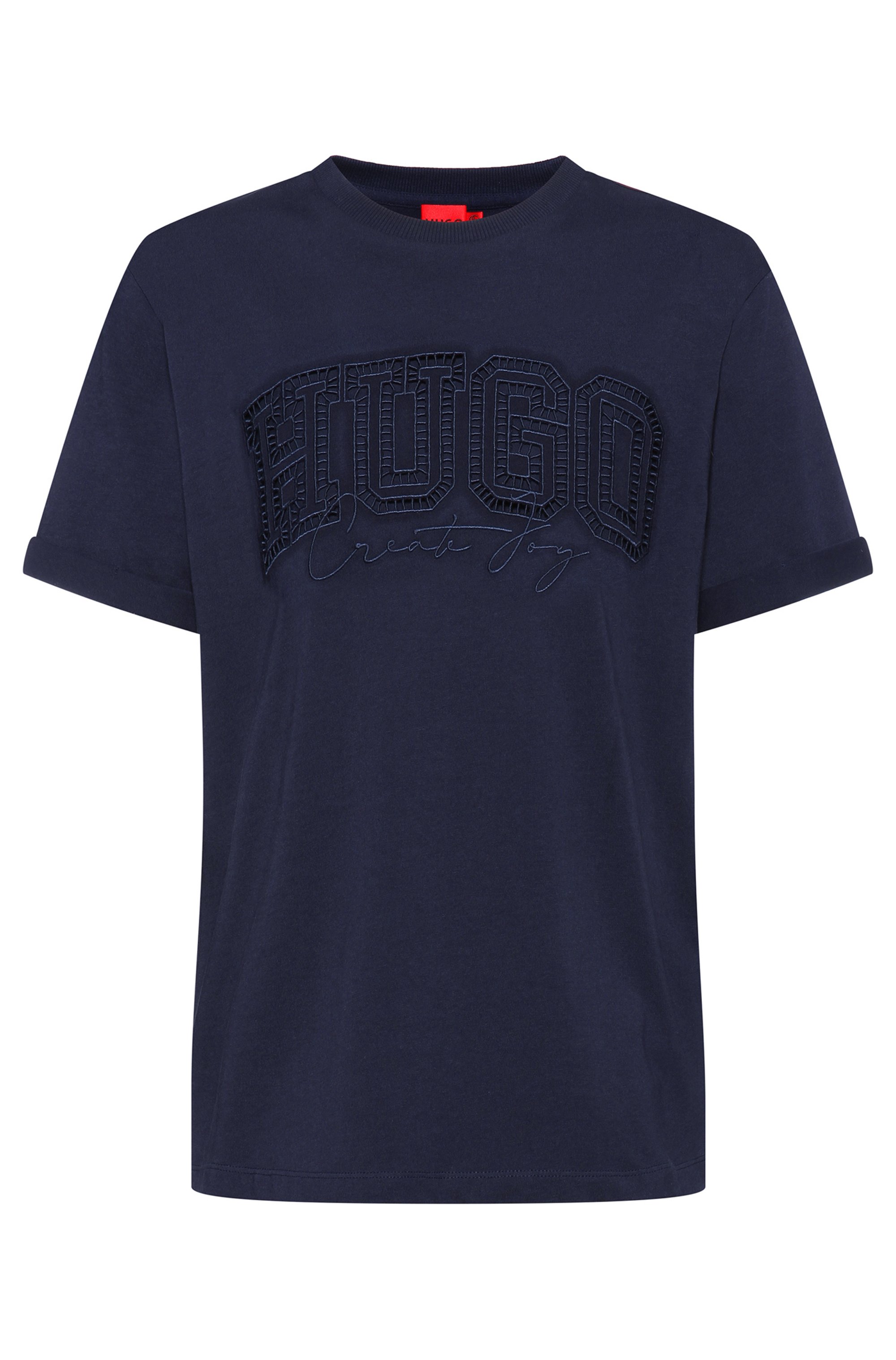 Organic-cotton T-shirt with eyelet-embroidered logo, Light Blue