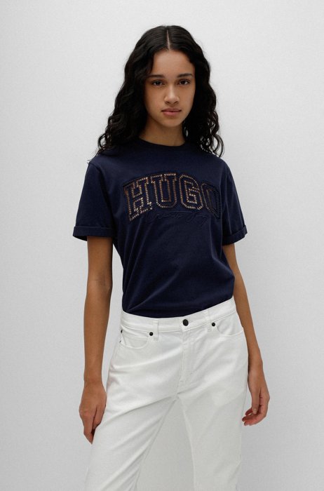 T-shirt en coton biologique avec logo brodé ajouré, bleu clair