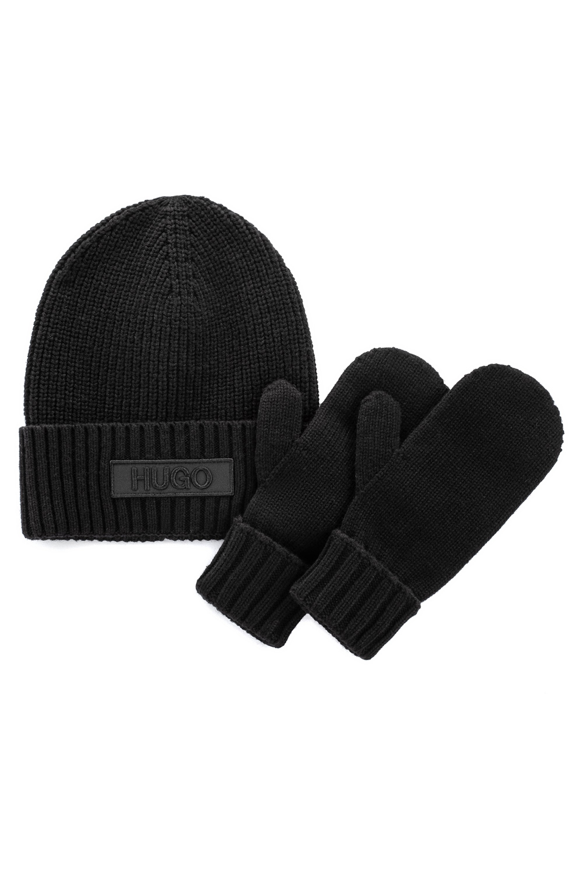 Gift-boxed beanie hat and mittens, Black