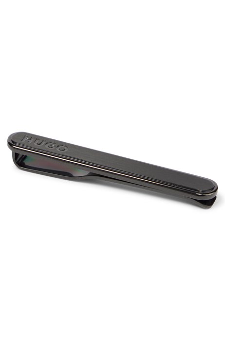 Oval stainless-steel tie clip with engraved logo, Black