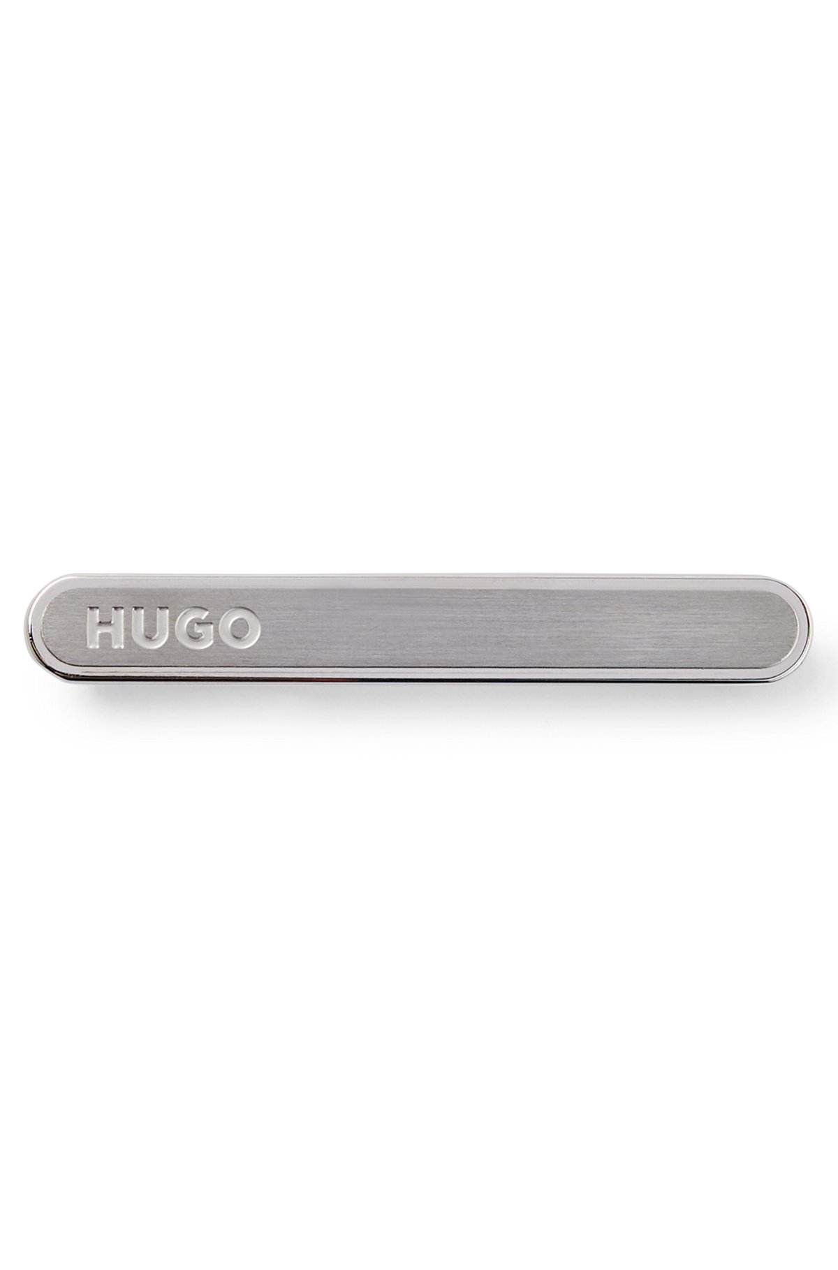 Oval stainless-steel tie clip with engraved logo, Silver
