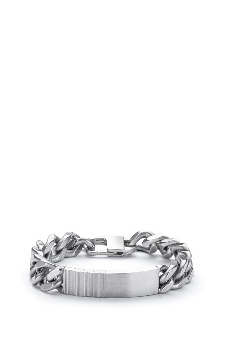 Steel chain cuff with logo detail and carabiner closure, Silver