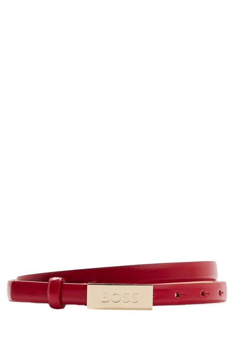 Italian-leather belt with logo plaque, Red