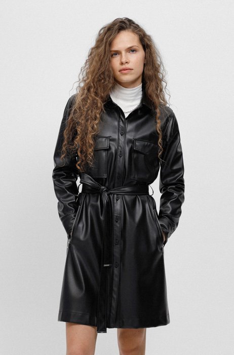 Overshirt-style dress in faux leather, Black