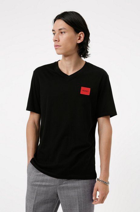 V-neck cotton T-shirt with red logo label, Black