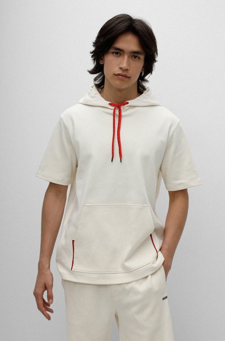 Relaxed-fit short-sleeved hoodie with logo-tape trims, White