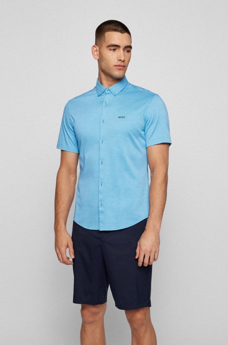 Regular-Fit Hemd aus Baumwoll-Piqué mit Logo, Hellblau