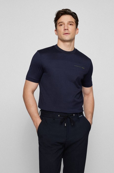 Mesh-structured T-shirt in organic cotton, Dark Blue