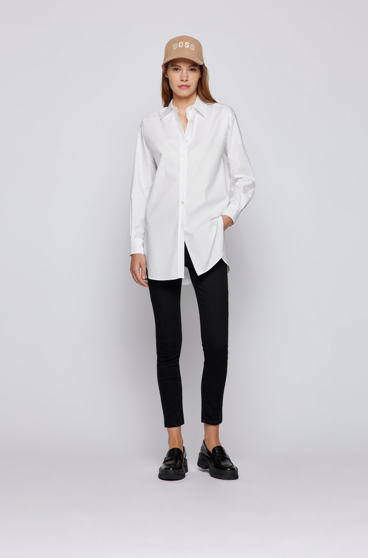 Long-length relaxed-fit blouse in organic cotton, Weiß