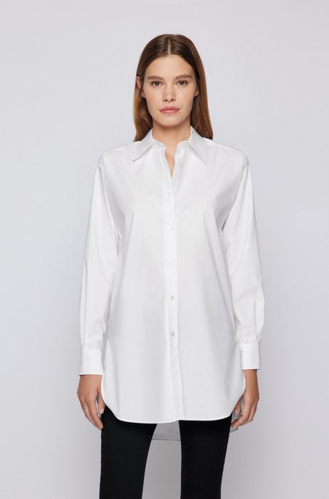 Long-length relaxed-fit blouse in organic cotton, Bianco