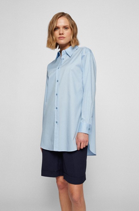 Long-length relaxed-fit blouse in organic cotton, Light Blue