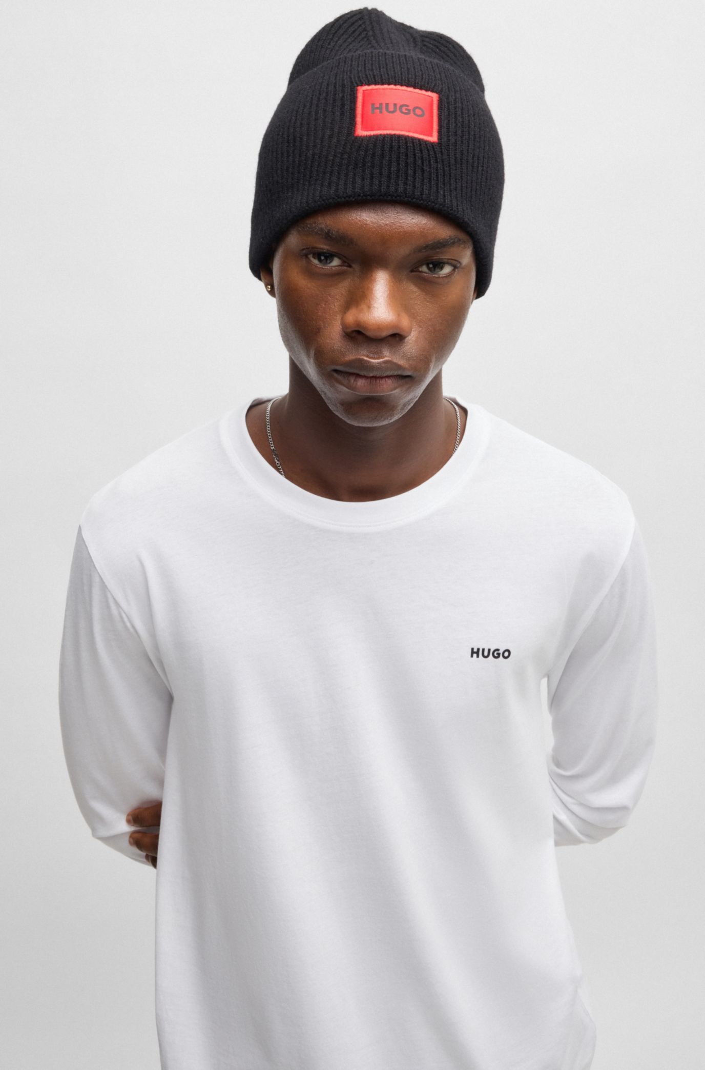 HUGO Long sleeved T shirt in cotton jersey with logo print