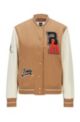Varsity jacket with leather sleeves and exclusive logo, Beige