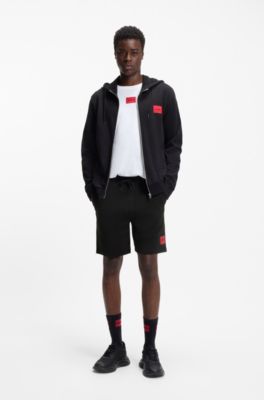 Shorts van katoenen badstof met rood logolabel, Zwart