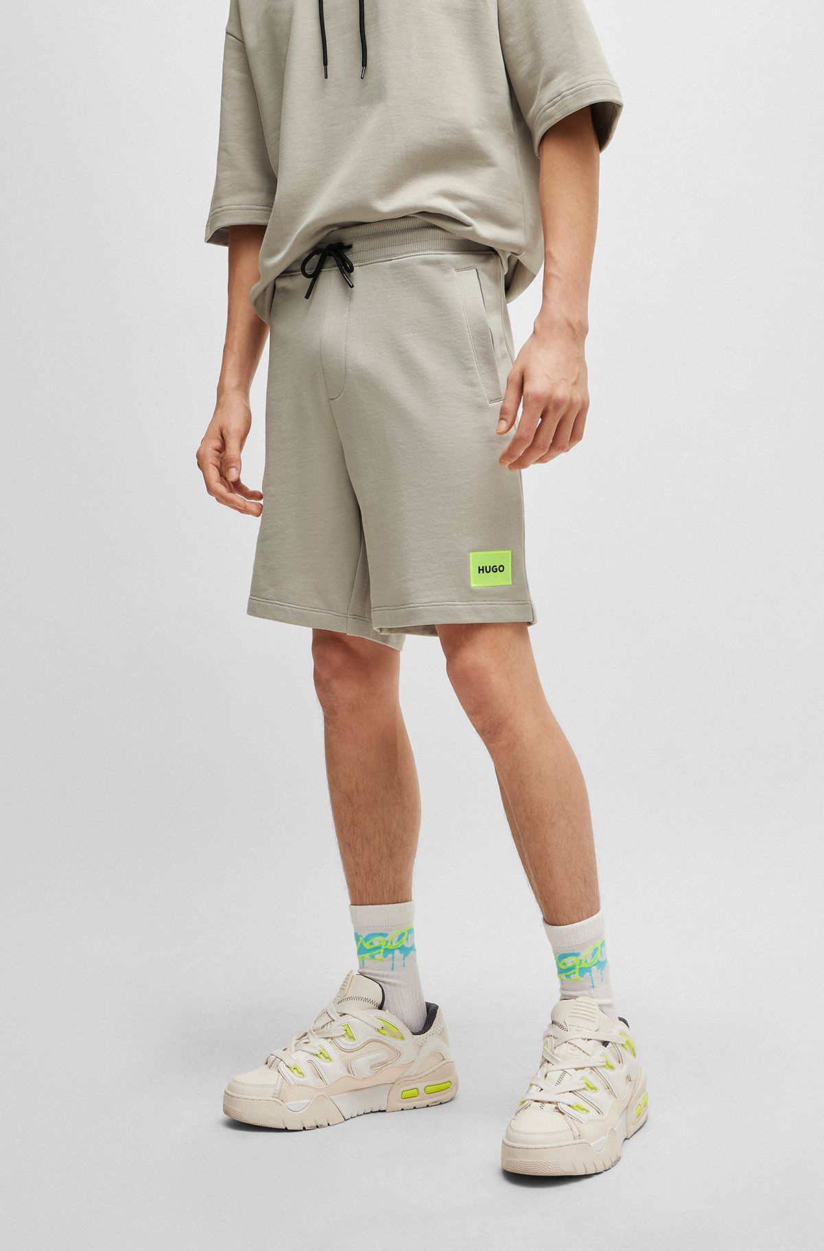 Cotton-terry regular-fit shorts with logo label, Light Grey