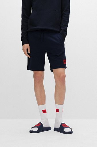 Cotton-terry regular-fit shorts with logo label, Dark Blue