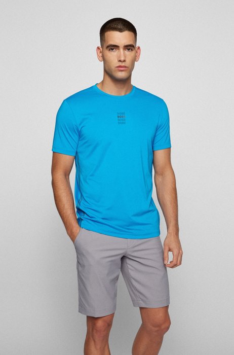 Stretch-jersey regular-fit T-shirt with repeat logos, Light Blue