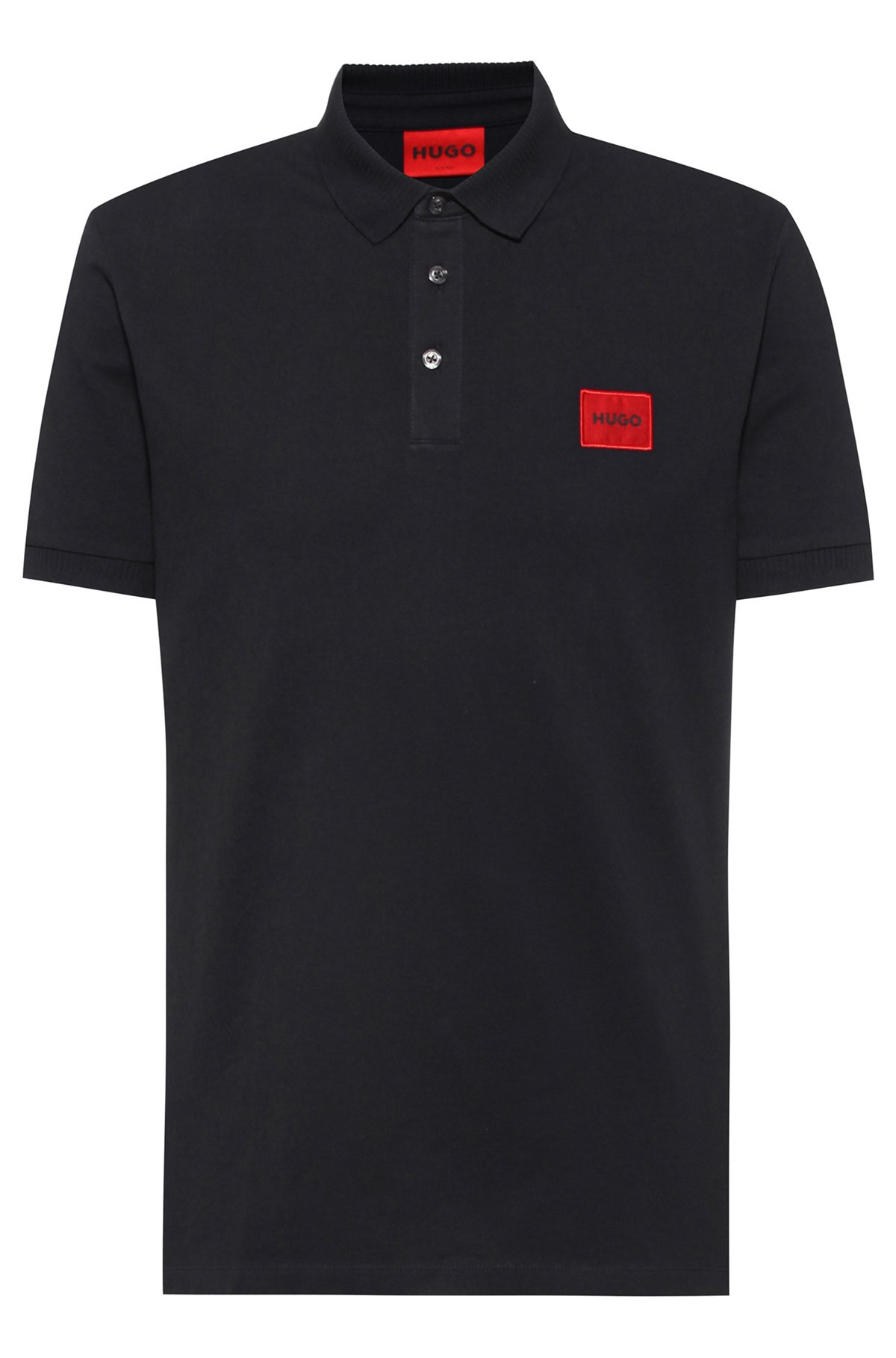 Polo Slim Fit en piqué de coton avec étiquette logo rouge, Noir