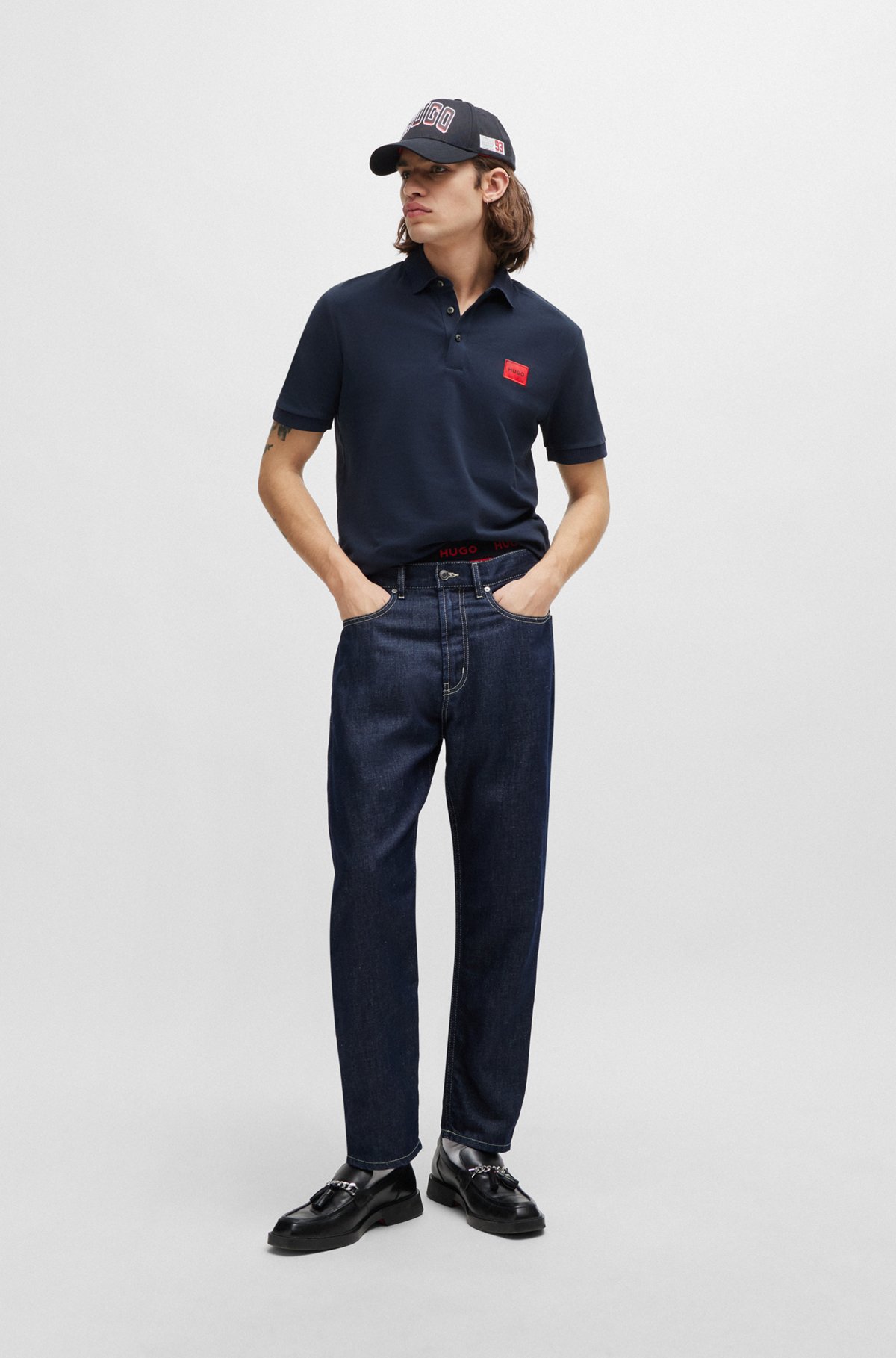 Cotton-piqué slim-fit polo shirt with red logo label, Dark Blue