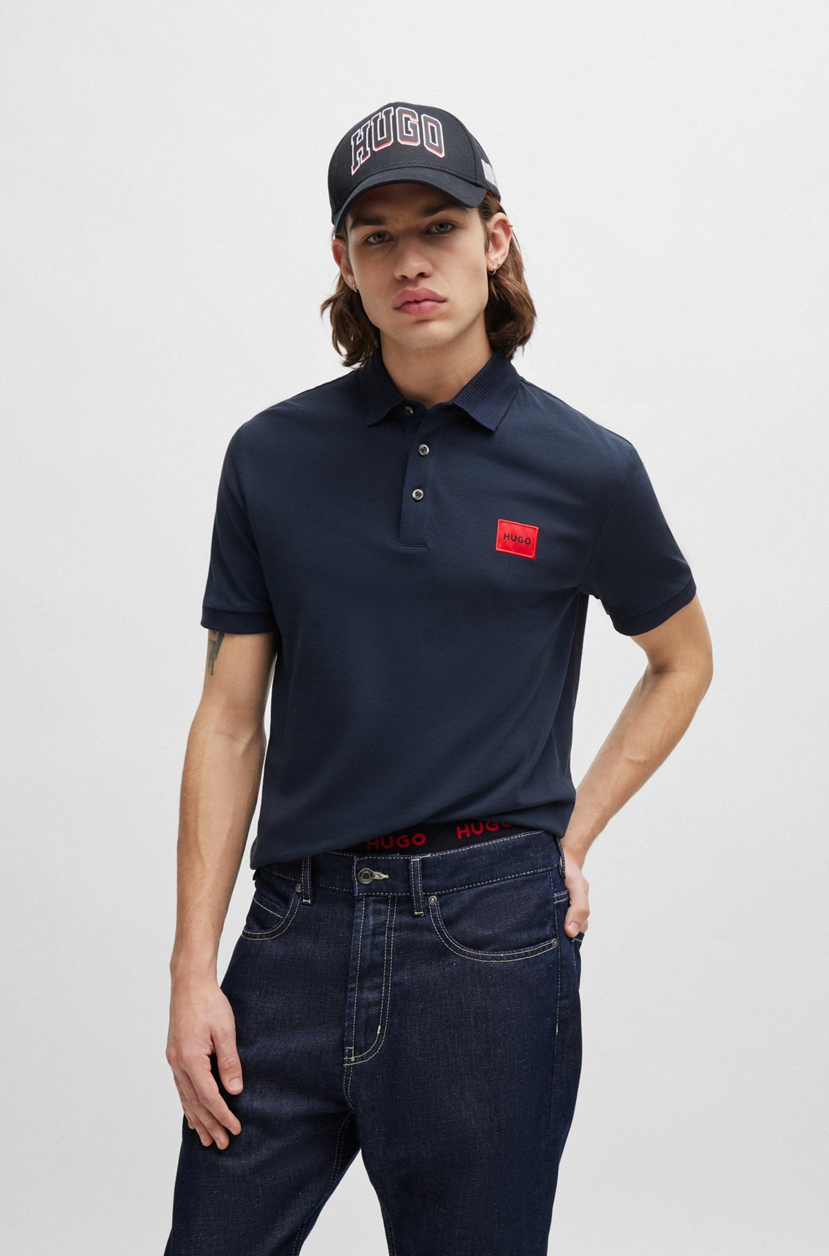 Cotton-piqué slim-fit polo shirt with red logo label, Dark Blue