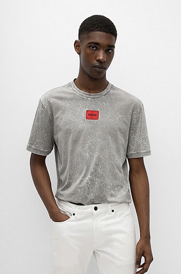 红色徽标标签饰粉染棉质平纹针织 T 恤,  030_Medium Grey