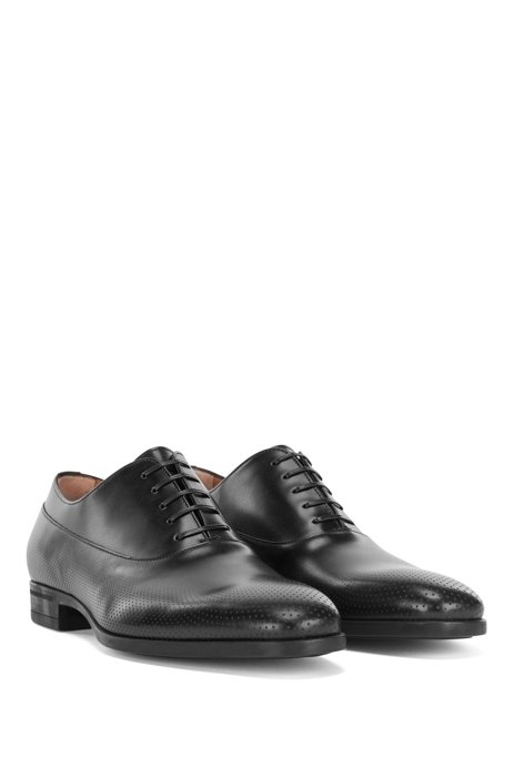 Chaussures Oxford en cuir tanné à empiècements perforés, Noir