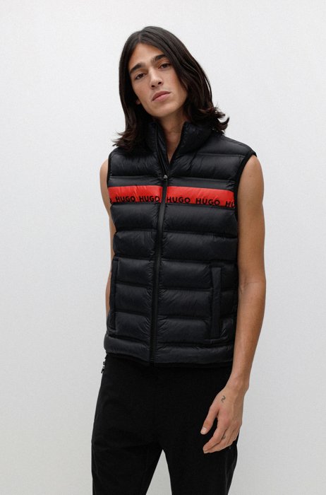Slim-fit gilet with red logo tape, Black