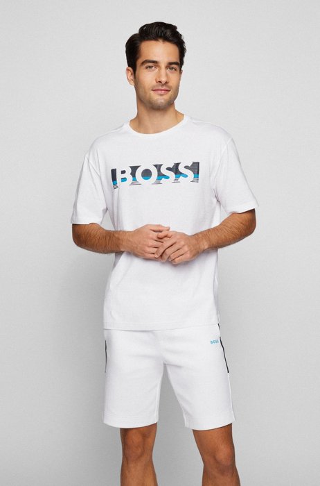 T-shirt relaxed fit in cotone con logo a blocchi di colore, Bianco