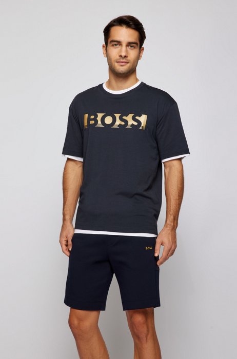 T-shirt relaxed fit in cotone con logo a blocchi di colore, Blu scuro