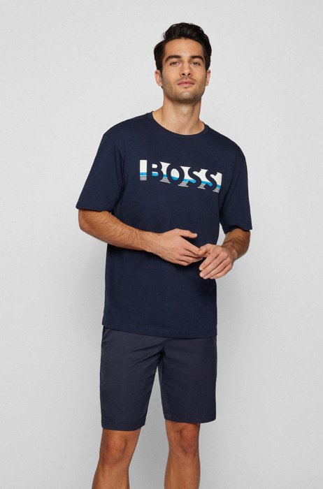 Camiseta relaxed fit de algodón con logo de bloques de color, Azul oscuro