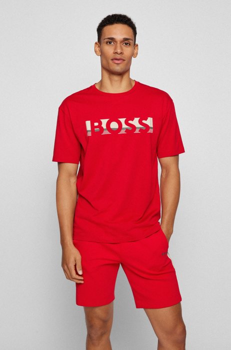 Camiseta relaxed fit de algodón con logo de bloques de color, Rojo