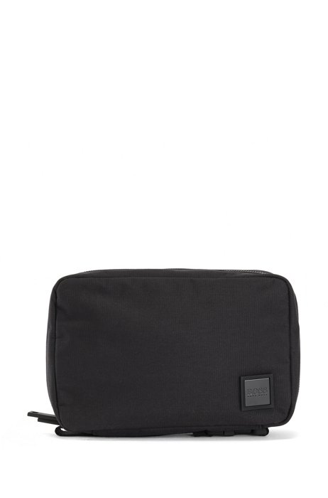 Logo-strap washbag with matte finish and branded patch, Black
