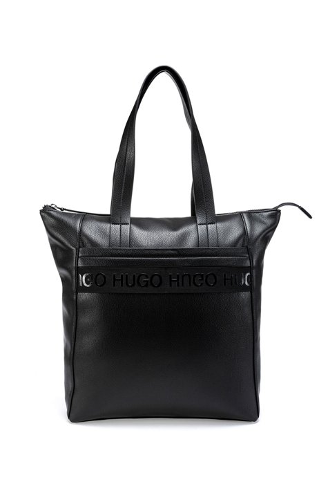 Shopper bag in faux leather with repeat logos, Black