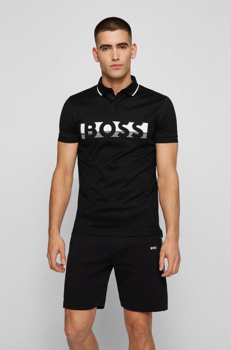Cotton-jersey polo shirt with logo artwork, Black