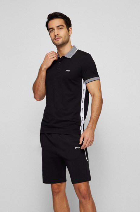 Cotton-blend slim-fit polo shirt with contrast trims, Black