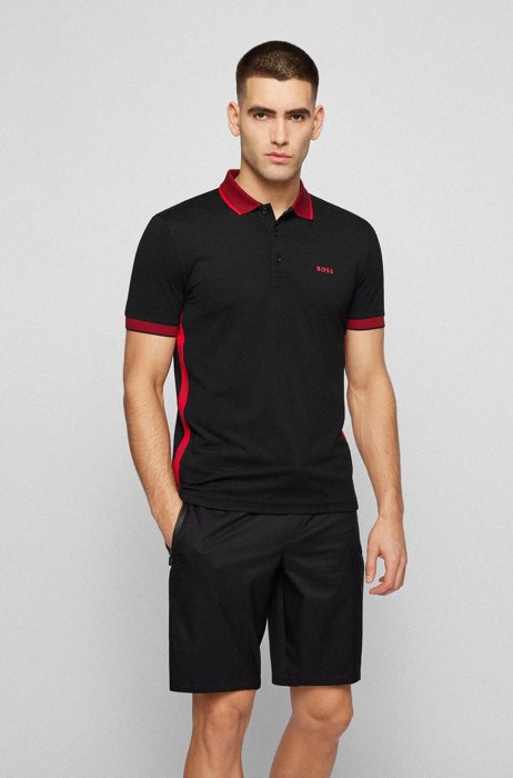 Cotton-blend slim-fit polo shirt with contrast trims, Black