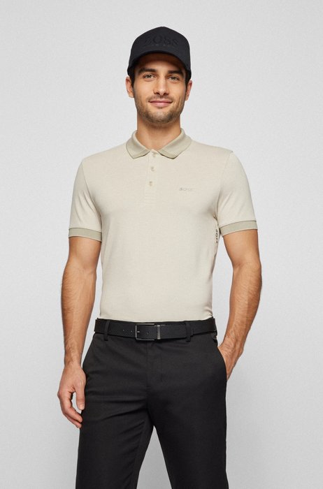 Cotton-blend slim-fit polo shirt with contrast trims, Light Beige