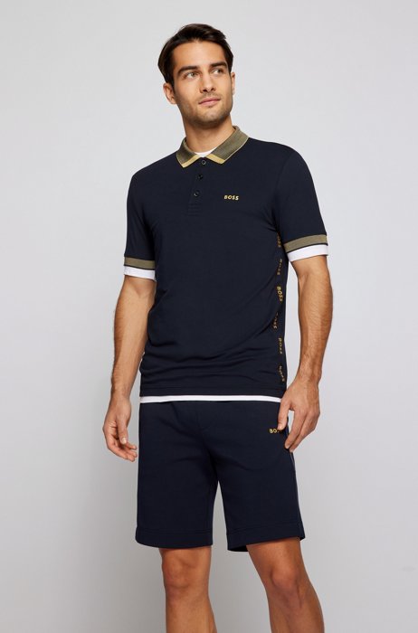 Cotton-blend slim-fit polo shirt with contrast trims, Dark Blue