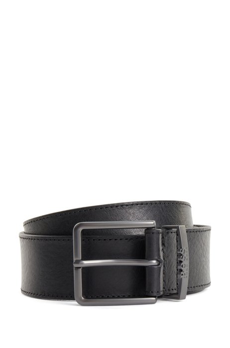 Pin-buckle belt in tanned leather with logo keeper, Black