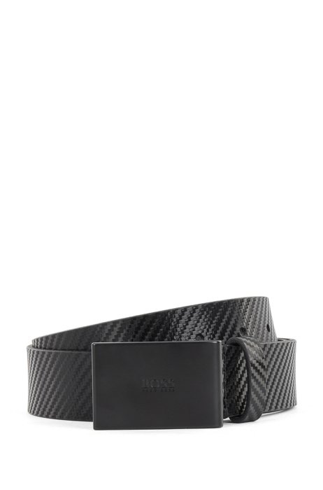 Plaque-buckle belt in leather with carbon-fibre print, Black