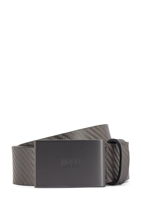 Plaque-buckle belt in leather with carbon-fibre print, Dark Grey