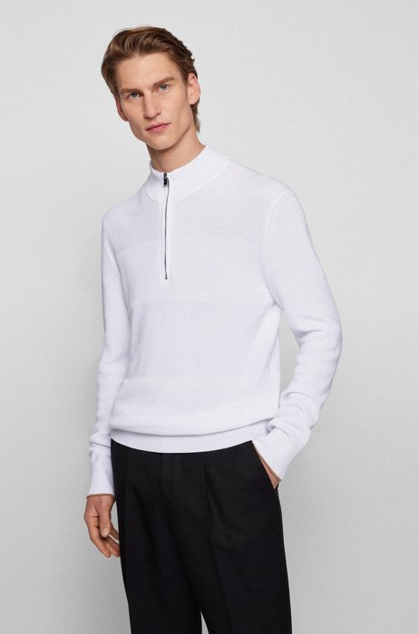 Zip-neck regular-fit sweater in mercerised cotton, White