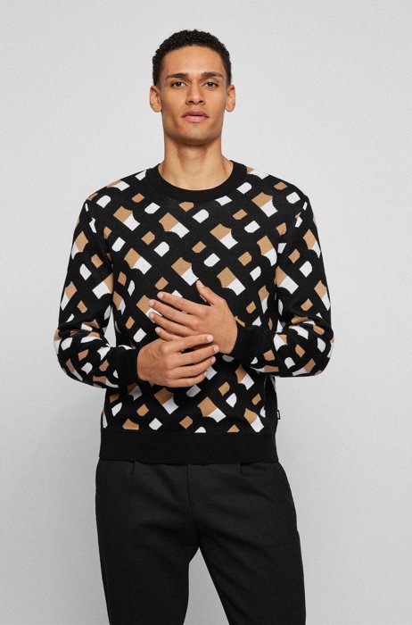 Cotton-jacquard sweater with all-over monogram pattern, Black