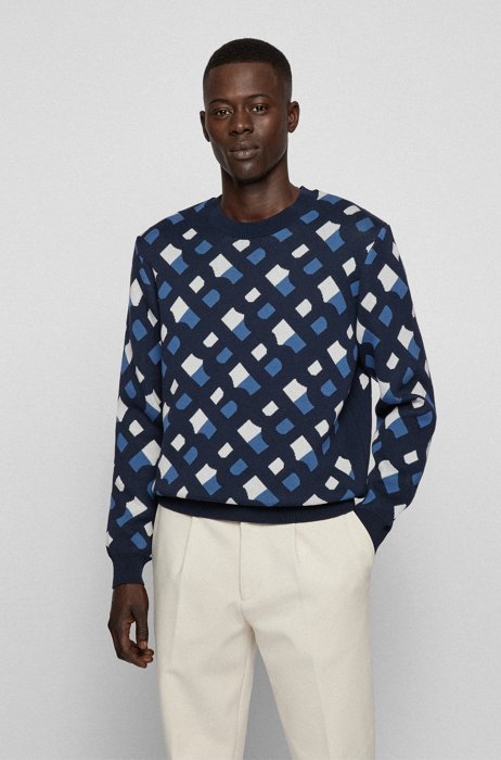 Pullover aus Baumwoll-Jacquard mit durchgehendem Monogramm-Muster, Dunkelblau