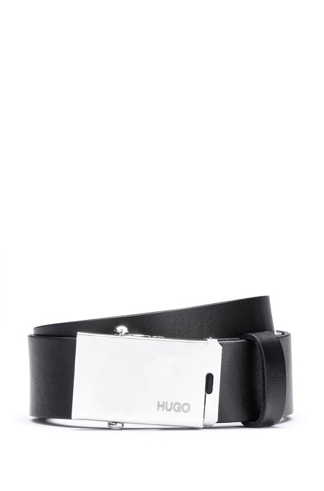 Italian-leather belt with branded plaque buckle, Black
