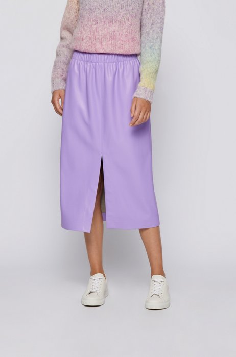 Faux-leather midi skirt with front slit, Light Purple
