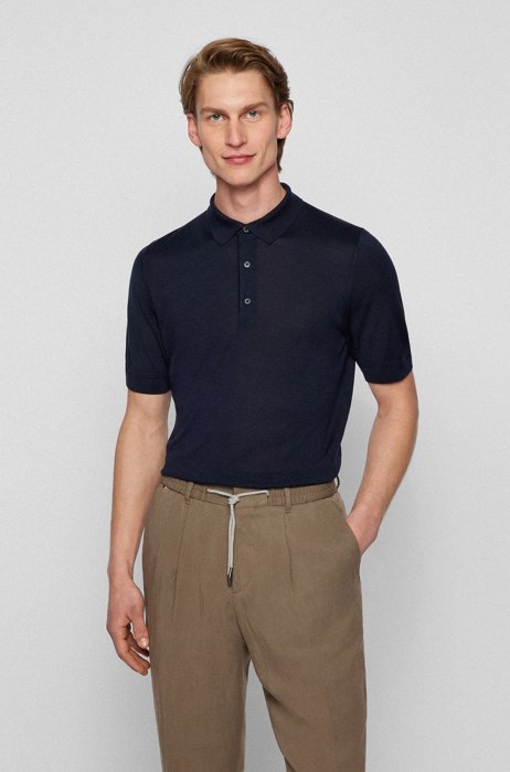 Contrast-tipped polo sweater in pure silk, Dark Blue