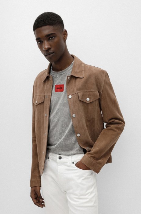 Slim-fit jacket in suede with logo patch, Light Beige